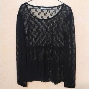 Sheer black lace pullover blouse with teared him